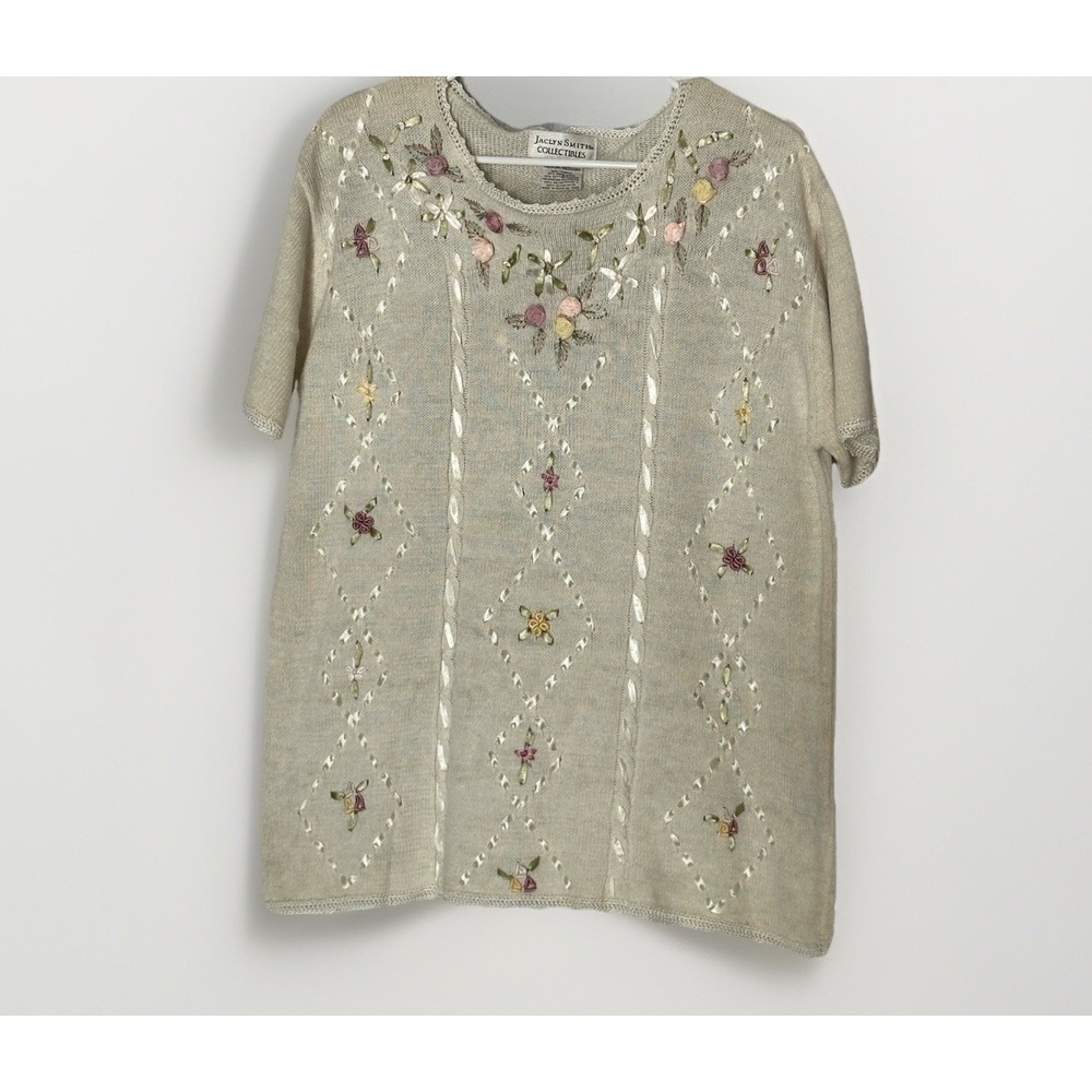 Vintage 80 Jaclyn Smith Cottagecore Grandma Grannycore Embroidered Floral Knit M